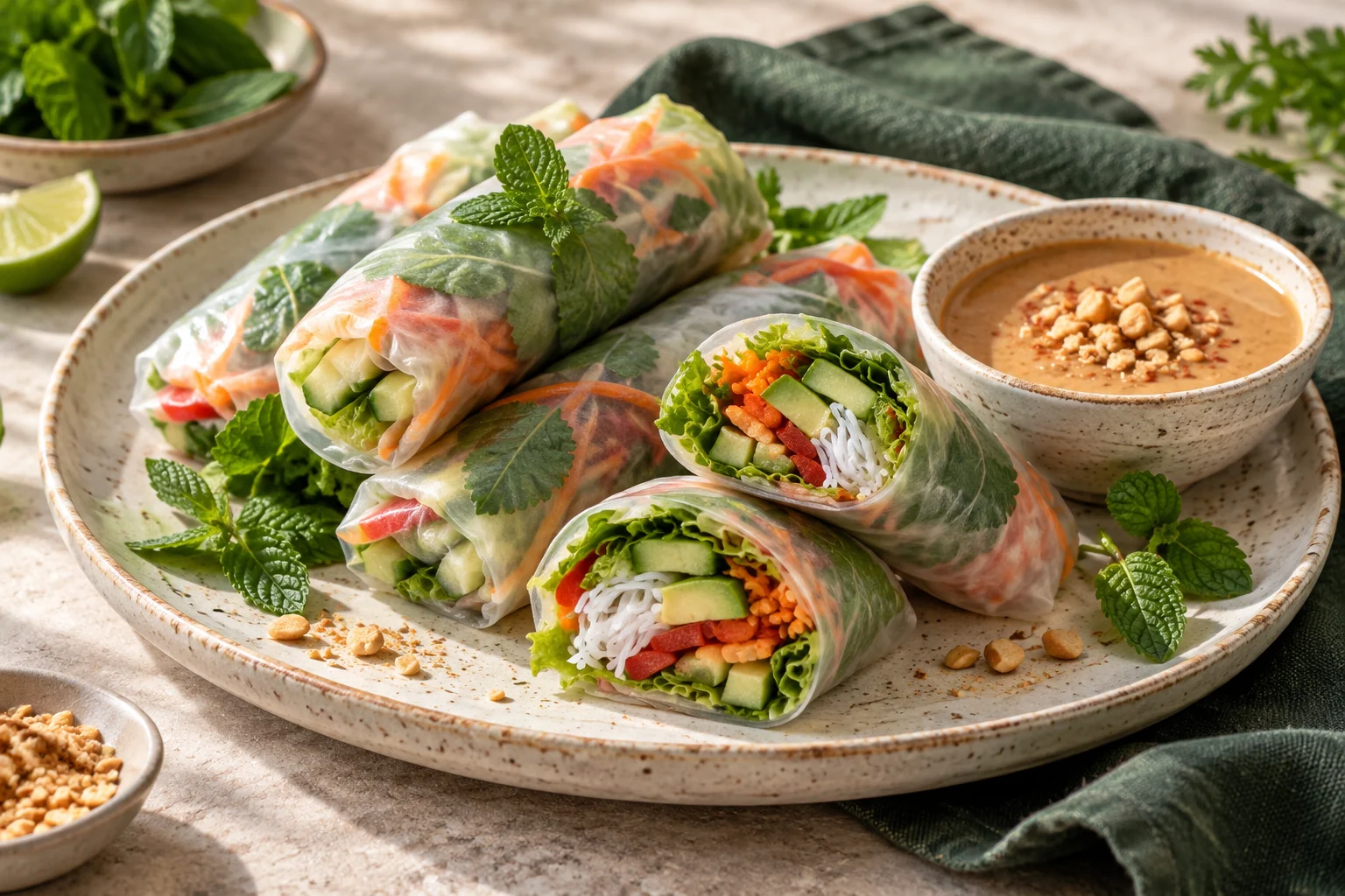 Pirinç Yufkası Nasıl Kullanılır ? 3 Tarif ve Püf Noktaları 3 Pirinç yufkasına sarılmış sebzeli spring roll ve yanında fıstık sosu